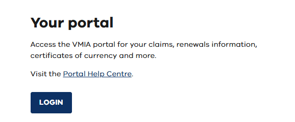 A screenshot of the login button for portal on the VMIA home page